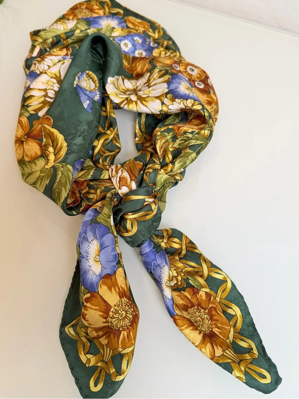 Vintage ELF Silk Floral Scarf Green Gold & Purple Chain Motif Wrap Neck Head